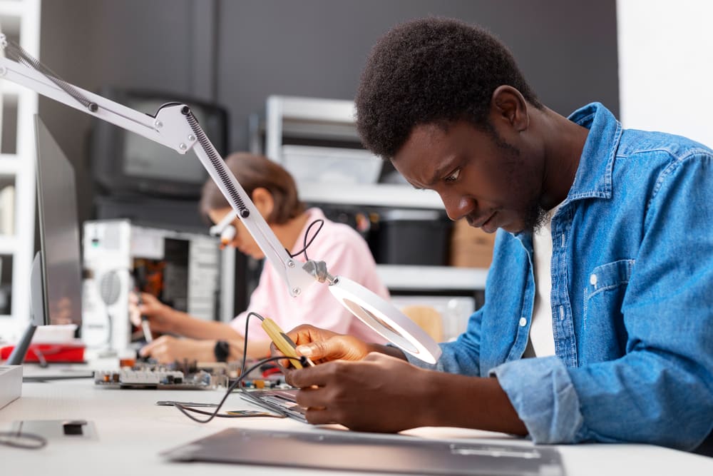 Young engineers building technology together